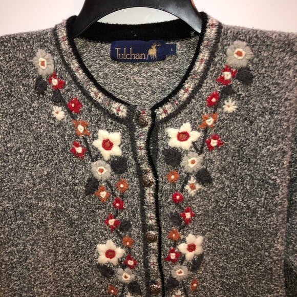 Tulchan Womens Large Gray Heather Flower Embroidered Cardigan Sweater Sz L - Picture 4 of 11